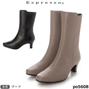 送料無料 本革 レディース ブーツ エスプレッソ PO5608 サイドファスナー 3E ヒール5.5cm｜mamezou-shoes