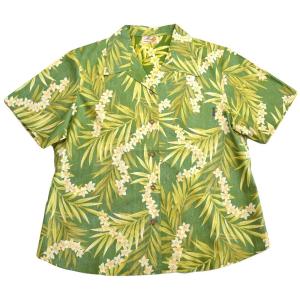 セール!! かりゆしウェア（沖縄アロハシャツ）レディース SALE MANGO PLUS 裏地仕様 レイ柄 オープンシャツ グリーン