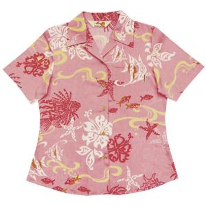 かりゆしウェア（沖縄アロハシャツ）レディース MANGO PLUS マリントライバル オープンシャツ ピンク｜mangoplus