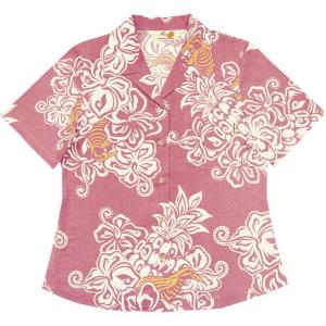 かりゆしウェア（沖縄アロハシャツ）レディース MANGO PLUS 大柄クイナ オープンシャツ ピンク｜mangoplus