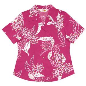 かりゆしウェア（沖縄アロハシャツ）レディース MANGO PLUS 線画ウコン大柄　オープンシャツ ピンク｜mangoplus