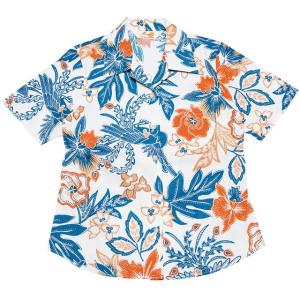 かりゆしウェア（沖縄アロハシャツ）レディース MANGO PLUS 鳳凰バティック オープンシャツ オフブルー