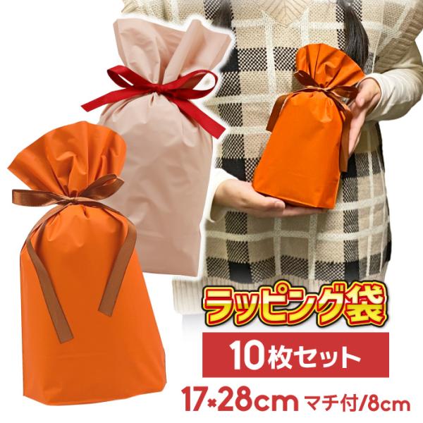10枚セット ラッピング 袋 巾着 17cm×28cm 底マチあり 単品 単体 リボン プレゼント ...