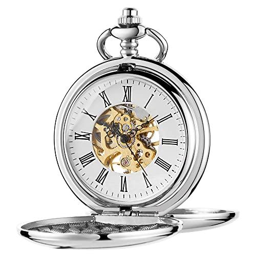 MW112 Whodoit Mens Silver Double Open Pocket Watch...