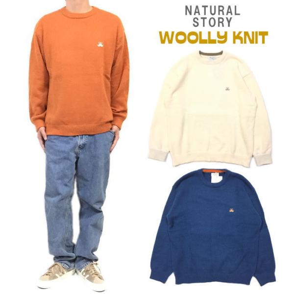 ウールライク クルーネックセーター NATURAL STORY WOOLLY KNIT ワンポイント...
