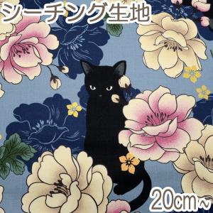 [AC2] キルトゲイト 黒猫と牡丹 Cブルー系 10cm HR-3110-11 シーチング生地