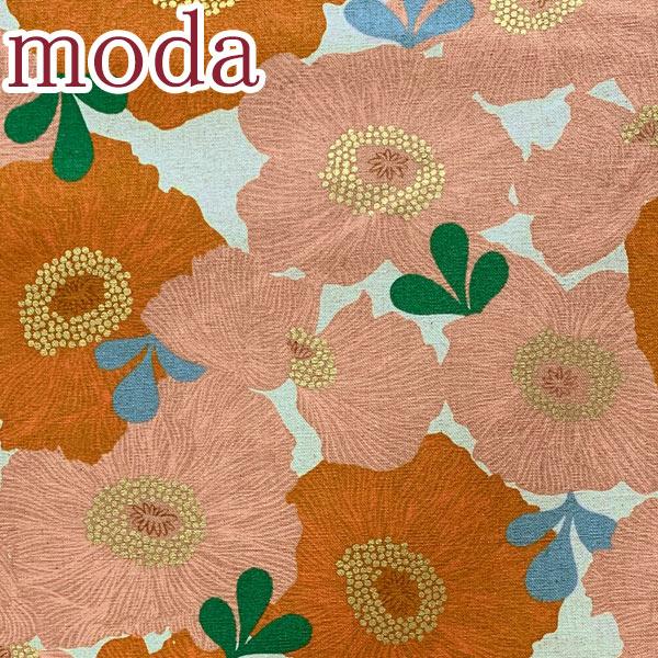 メタリック加工の大きな花柄　11オレンジ系　10cm単位　切り売り　Moda　Camellia　RS...