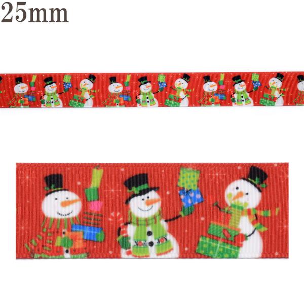 プリントリボン　クリスマス　雪だるまとクリスマスパーティーリボン　幅25mm　1m単位　切り売り　(...