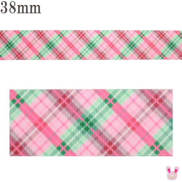 プリントリボン　ピンクとグリーンのシャープチェックリボン　幅38mm　1m単位　切り売り　(2m以上...