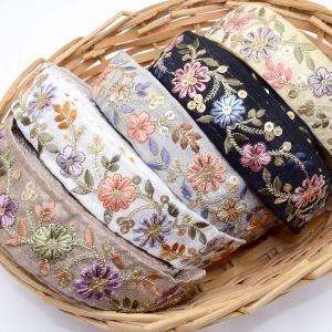 インド刺繍リボン スパンコール付き金の茎の花柄...の詳細画像4
