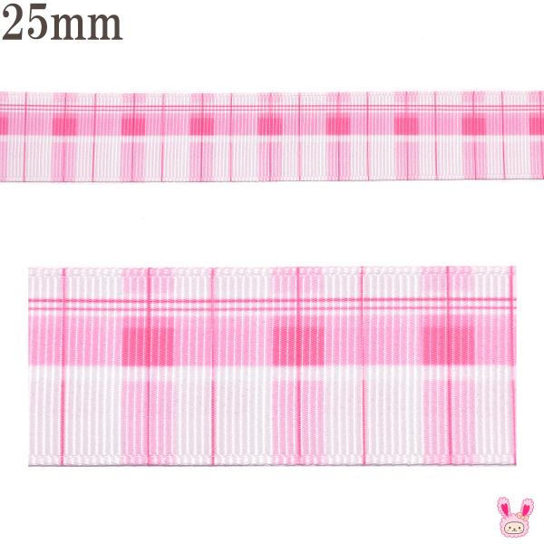 プリントリボン　ピンクのシャープチェックリボン　幅25mm　1m単位　切り売り　(3m以上)