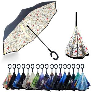 YOKITOMO 長傘 レディース 逆さ傘 丈夫 撥水 内外２枚の布の構成で耐風とUVカット効果更にアップ 閉じると自立可能 晴雨兼用 車用
