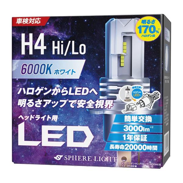 スフィアライト 車用 LEDヘッドライト H4 Hi/Lo カラー6000K/純白色 明るさ3000...
