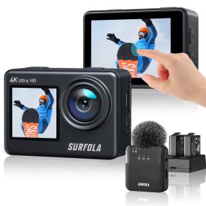 Surfola アクションカメラ ワイヤレスマイク付き 4K 60fps 24MP解像度 タッチパネル式 デュアルカラースクリーン WiFi