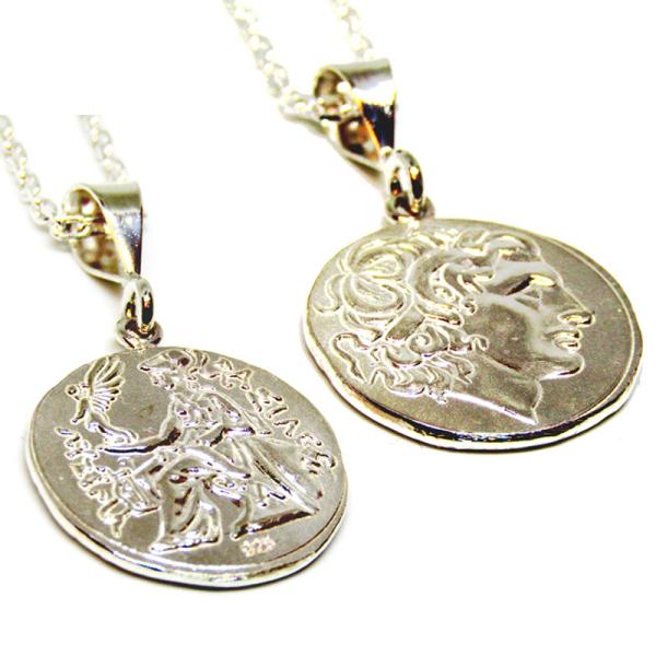 シルバー925 コインネックレス 古代ギリシャアレキサンダー大王レプリカコイン ヴィンテージ メンズ...