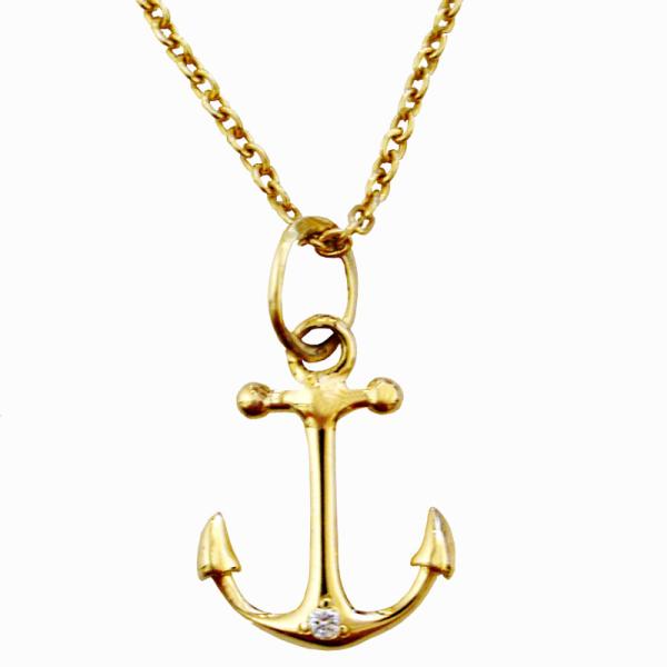 K10 アンカーネックレス ダイヤ入り一粒ネックレス 0.8mm幅 K10チェーンサイズ40cm~6...