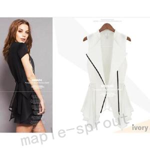 ！春夏レディースジレベスト　薄手カジュアルベスト　テーラード　ノースリーブジャケット　OL通勤　就活イギリス　ファスナー　シフォン　