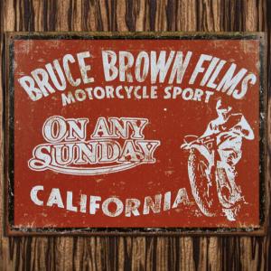 C3 ブリキ看板 BRUCE BROWN FILMS ANY ON SUNDAY ブルースブラウン レッド｜marblemarble