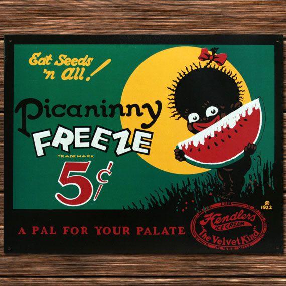 C3 ブリキ看板 Picaninny FREEZE 5¢ スイカを持つ子供