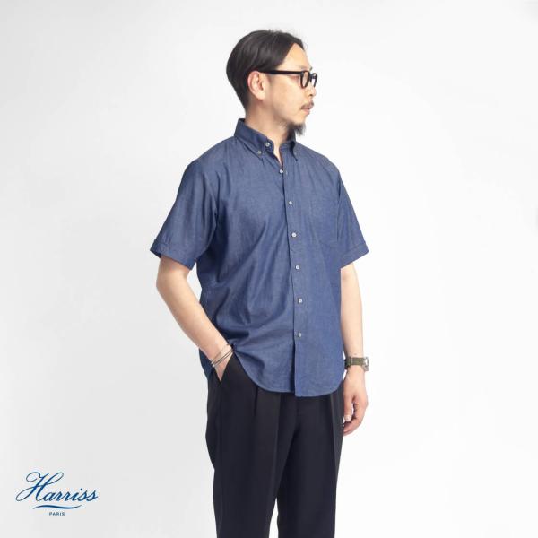 ハリス Harriss 4oz綿麻デニム ボタンダウン半袖シャツ 日本製 メンズ