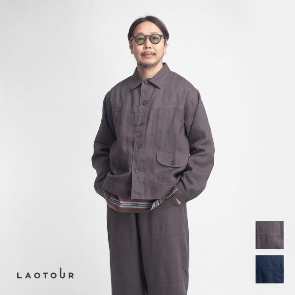 LAOTOUR 麻100％ リネンキャンバス トラッカージャケット メンズ