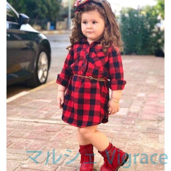 ワンピース 子供服 こども ベビー キッズ ワンピース ベルトつき ブロックチェック チェック 長袖...
