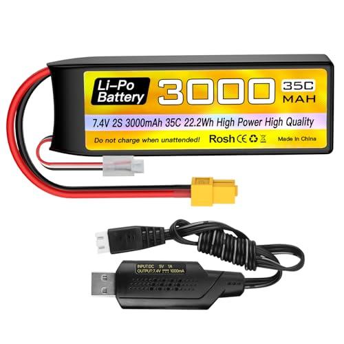 1PCS 2S Lipo 7.4V 3000mAh 35C バッテリバンドXT60プラグUSB充電ケ...