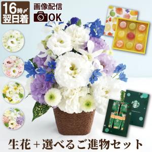 お供え 花 アレンジとご進物セット 生花 アレンジメント 供花 花かご お悔やみ ゼリー コーヒー スタバ 贈答用 品物 四十九日 法要 49日 一周忌 贈り物