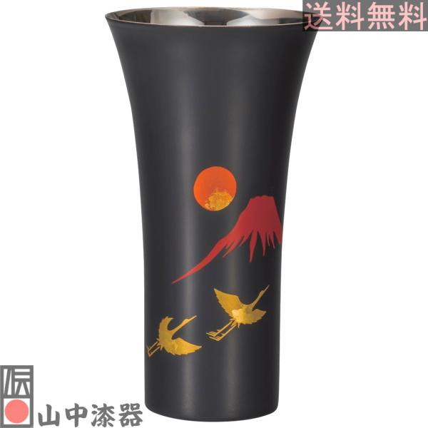 【山中漆器】漆磨カップシングルL 手描き 富士に鶴