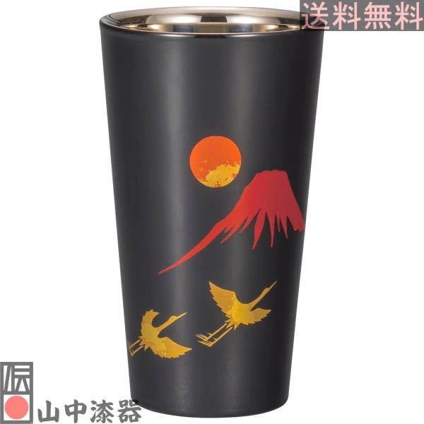 【山中漆器】漆磨二重ストレートカップ 手描き 富士に鶴