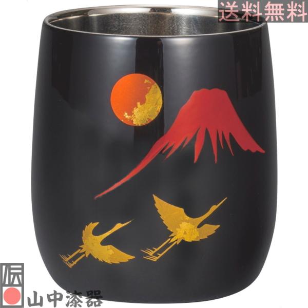 【山中漆器】漆磨二重ダルマカップ 手描き 富士に鶴