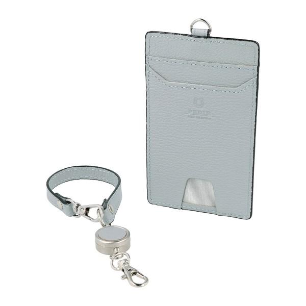 本革 革 リール付 シングル パスケース 定期ケース 定期入れ ディアシュリンク ライトブルー ブル...