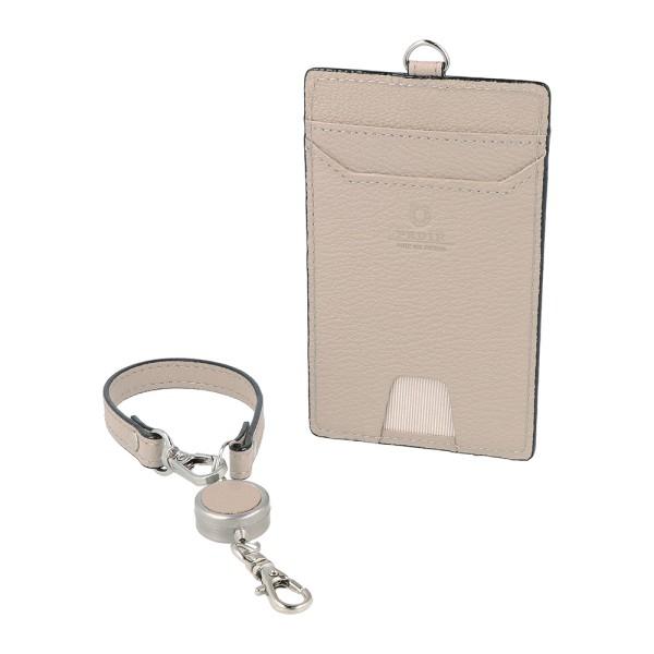 本革 革 リール付 シングル パスケース 定期入れ ディアシュリンク ライト グレージュ グレー ベ...