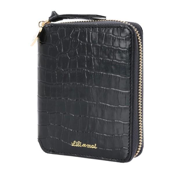 財布 2つ折り ウォレット 本革 牛革 メタルチャーム ラウンドファスナー ブラック 黒 Lilie...