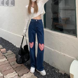 ジーンズ デニム パンツ レディース ハート柄 チェック柄 個性的 可愛い ズボン ロング丈 春 秋 ダークブルー 青 無地 ハート 大きいサイズ ハイウエスト Db2178 Marmelo Sunnyday 通販 Yahoo ショッピング