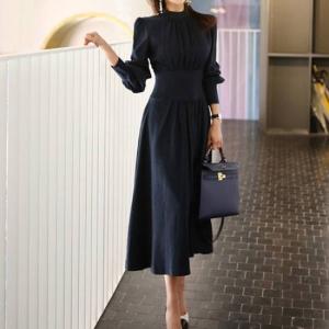 パーティードレス ワンピースドレス きれいめ ワンピース ワンピース 女子会 食事会 スタンドカラー ランタンスリーブ ミモレ丈 ネイビー代 30代 40 No1627 Marmelo Sunnyday 通販 Yahoo ショッピング