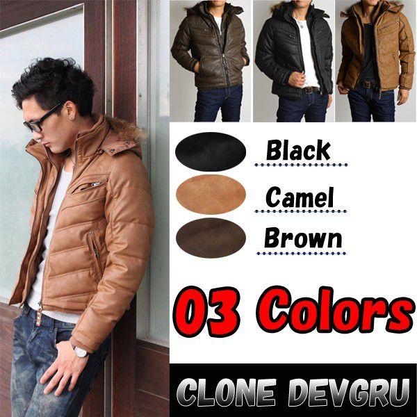 ダウンジャケット メンズ 中綿 ジャケット リアルファーフード脱着 PUレザーフェイクレイヤード中綿...