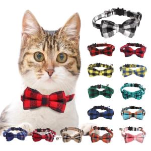 セール実施中　猫用首輪　猫首輪　セーフティーバックル　ねこくびわ　ペット首輪　チェックデザイン　リボン　長さ調査可能　首輪リボンう