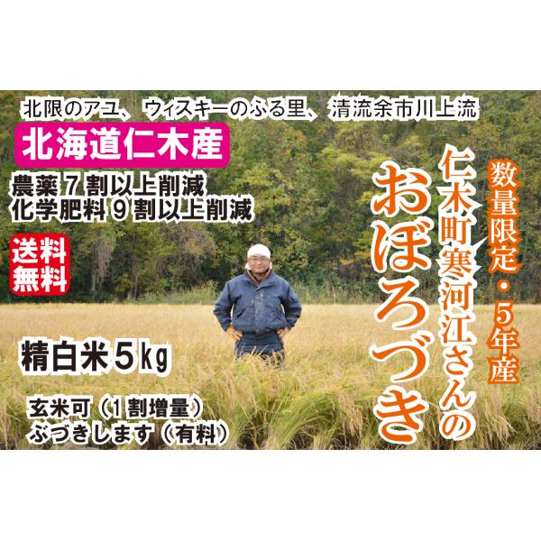 5年産 仁木産 おぼろづき 5キロ 特別栽培米 農薬7割以上削減 化学肥料9割以上削減 送料無料　仁...