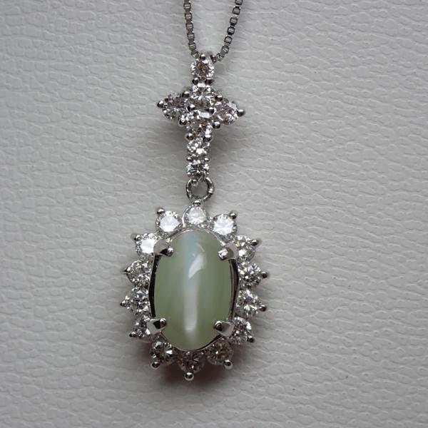 Pt850/PT900 プラチナ 天然クリソベルキャッツアイ ダイヤモンド ネックレス 2.78ct...