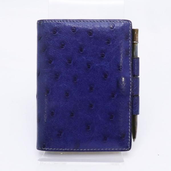 HERMES エルメス ミニ アジェンダカバー オーストリッチ 手帳カバー 〇M刻印 ブルー シャー...