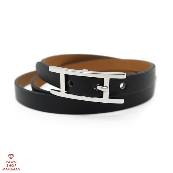 HERMES エルメス アピブレス [P]刻印 ソルド レザー ブラック×シルバー金具 ブレスレット...