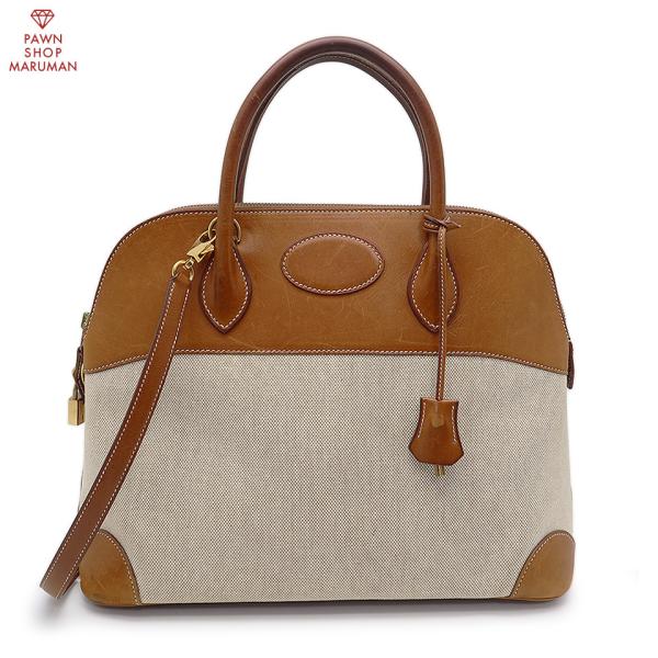 エルメス ボリード37 (X)刻印 バレニア×トワルアッシュ ブラウン系×ベージュ×ゴールド金具 【...