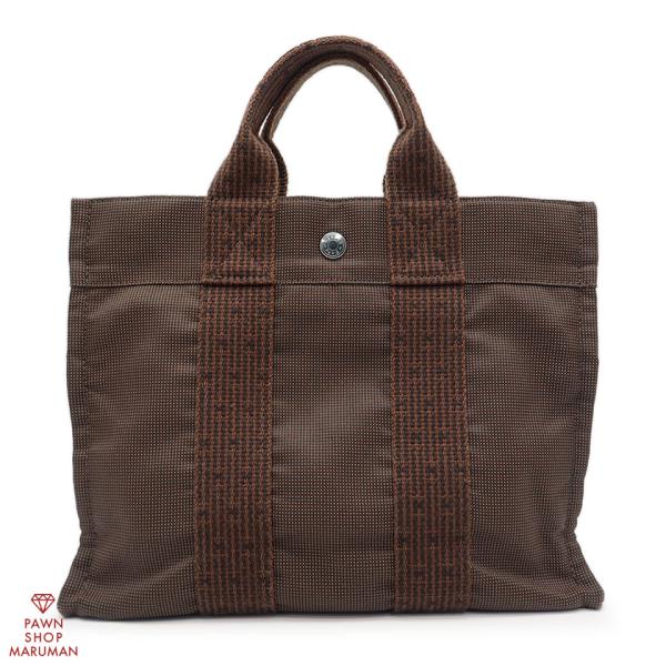 HERMES エルメス エールライントートPM ナイロンキャンバス ブラウン×シルバー金具【丸万質舗...