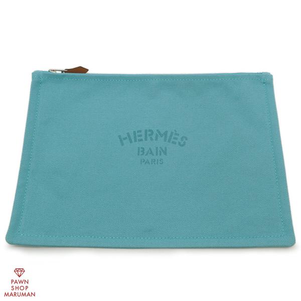 HERMES エルメス フラット ヨッティングGM ポーチ コットン ブルー系×シルバー金具 【丸万...