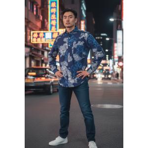 西脇長造商店 長袖シャツ / 【唐獅子牡丹 ネイビー】｜マルニジーンズ