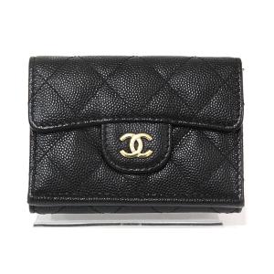 美品 シャネル CHANEL クラシック スモール Wホック フラップ コンパクトウォレット AP0230  キャビアスキン ブラック 3つ折財布 8桁26番台 2018年 中古｜marushin-shichi