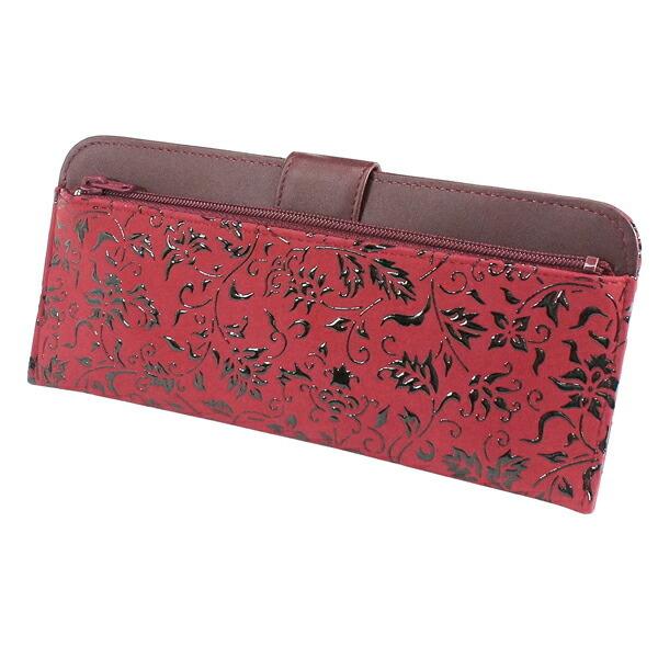 印伝 甲州印伝 印傳屋 上原勇七 財布 長財布 印伝財布 薄型財布 2107 花唐草 赤地×黒漆 鹿...