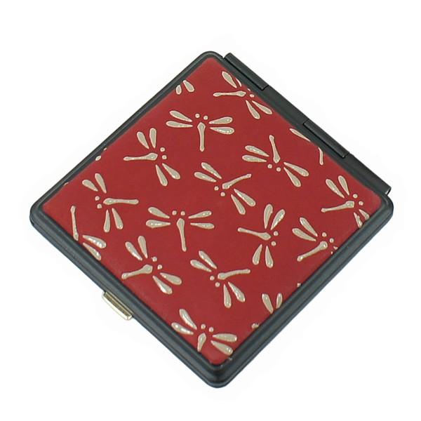 印伝 甲州印伝 印傳屋 上原勇七 角ミラー 鏡 カガミ コンパクト 5015 とんぼ 赤地×白漆 鹿...