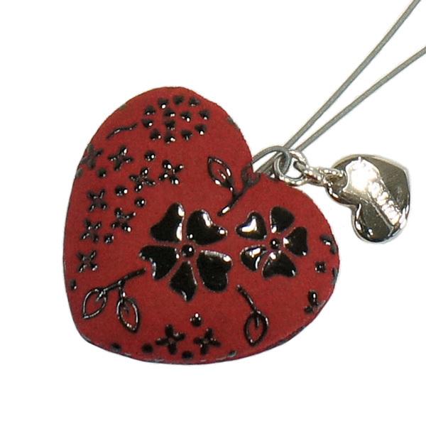 印伝 甲州印伝 印傳屋 上原勇七 チャームストラップ 5023 アメリカンブルー 赤地×黒漆 鹿革 ...